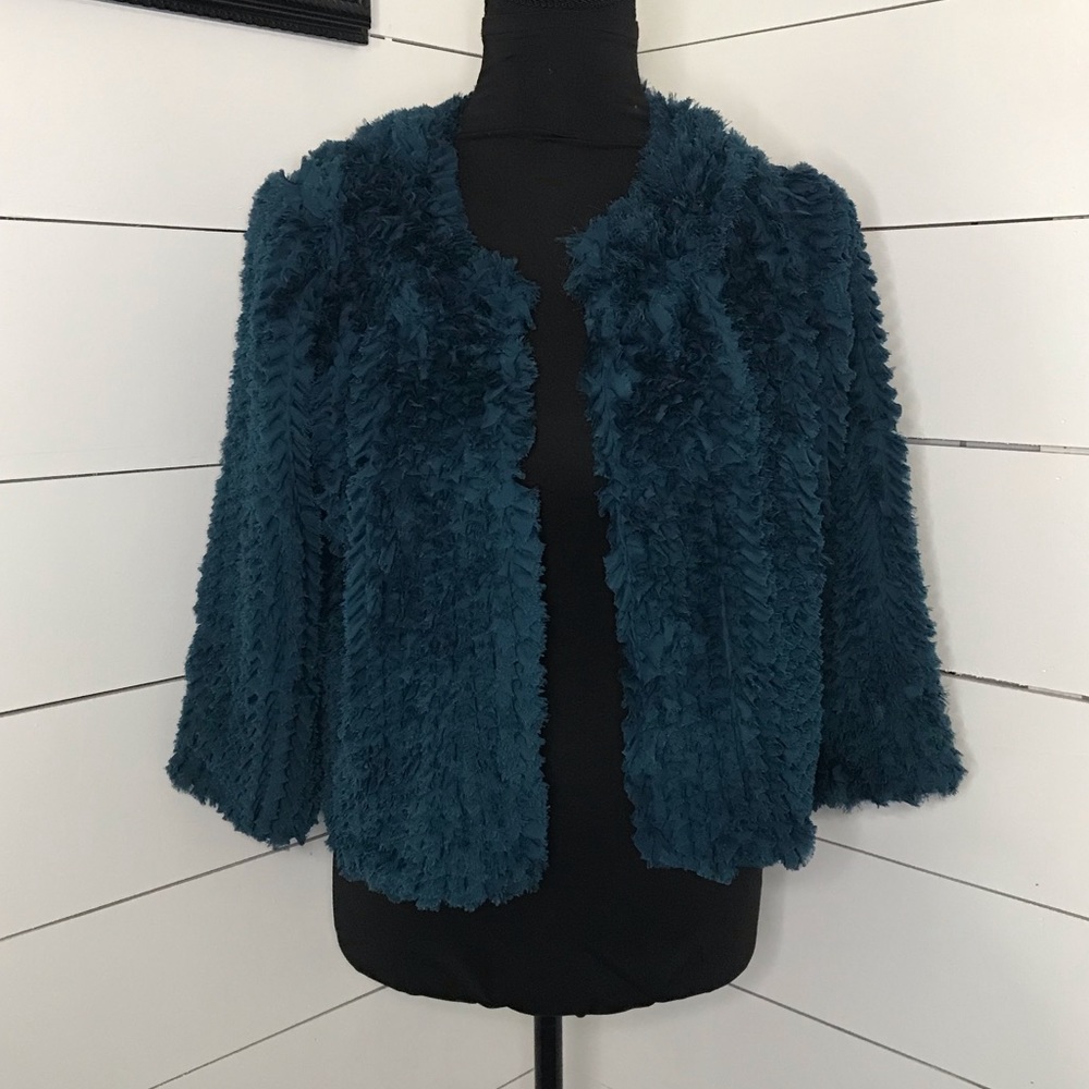 Byron Lars Teal Faux Fur Cropped Jacket